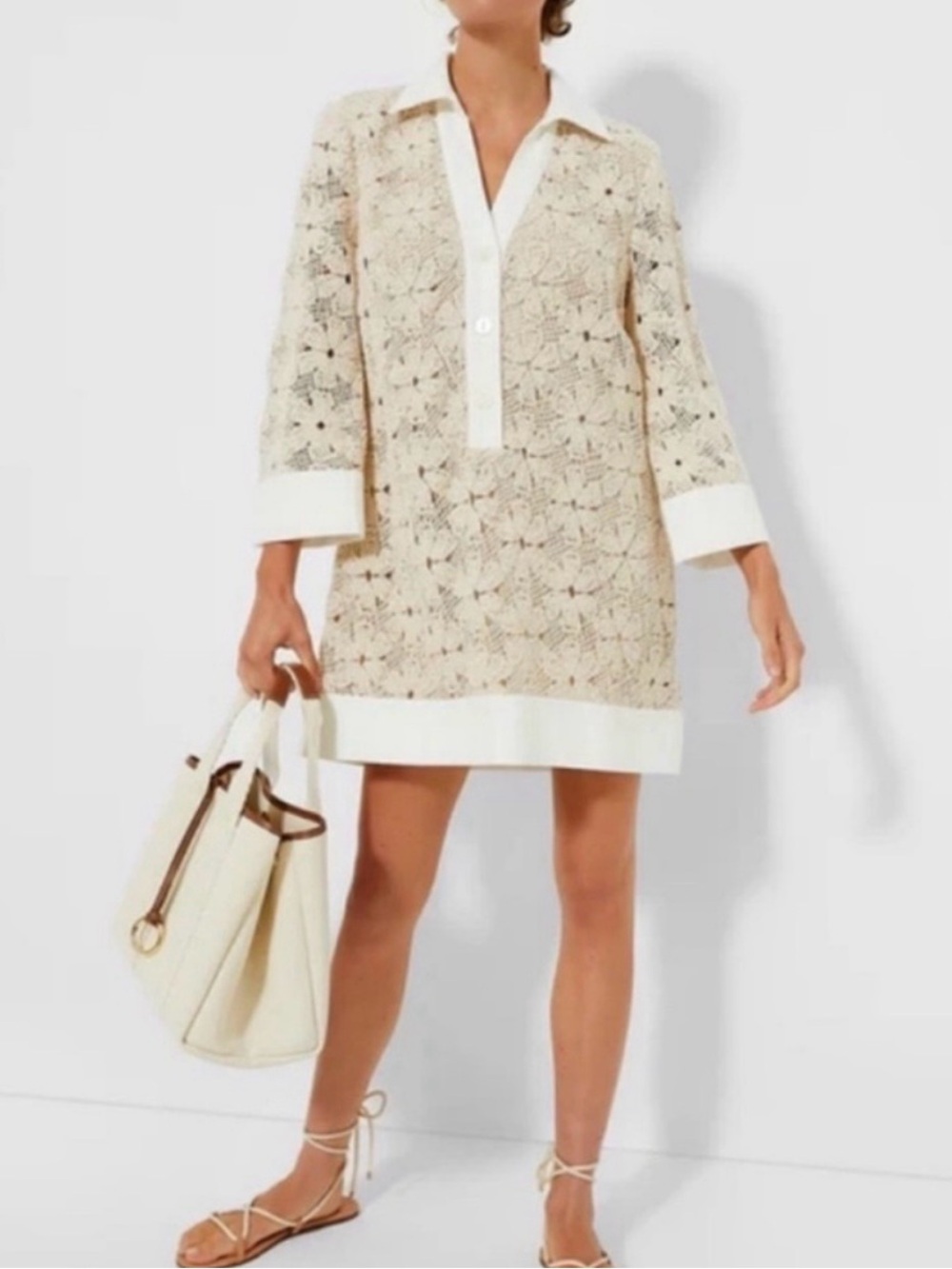 Tuckernuck Cream Lace-Overlay Mini Dress with White Trim